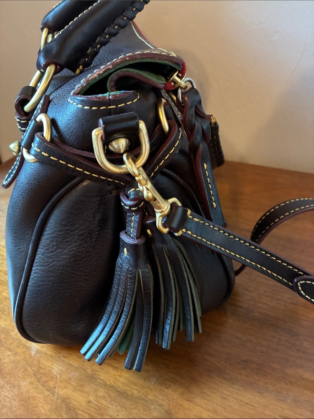 Dooney & Bourke Dark Brown Leather crossbody Satchel with Maroon Accent - Picture 3 of 7